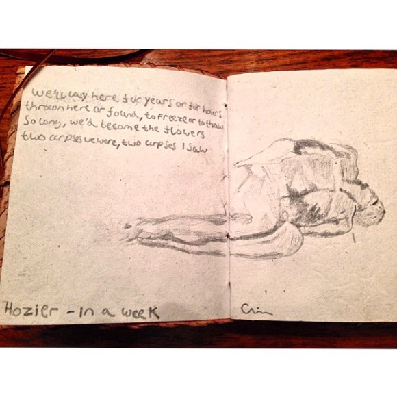 We'll lay here for years or for hours Thrown here or found, to freeze or to thaw So long, we'd become the flowers Two corpses we were, two corpses I saw #hozier #inaweek #lyrics #drawing #book #artbook #flowers #corpses #love #me #storytime 