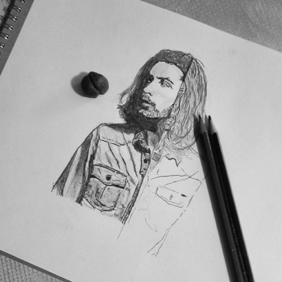 Drawing #Hozier . Yes, the hair is supposed to look like that it just needs more shading. Im combining his album cover with his actual pic, got a lot to finish...emoji #LotsOfShading #Drawing #IHateThisShirt #AlbumCover #Progress