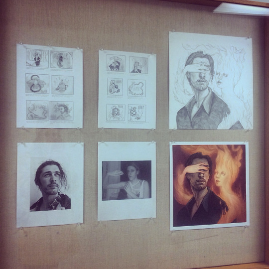 My work is hanging in one of the showcases at school. They displayed the final piece as well as my process (thumbnails, pencil drawing, awkward photo booth references and all)