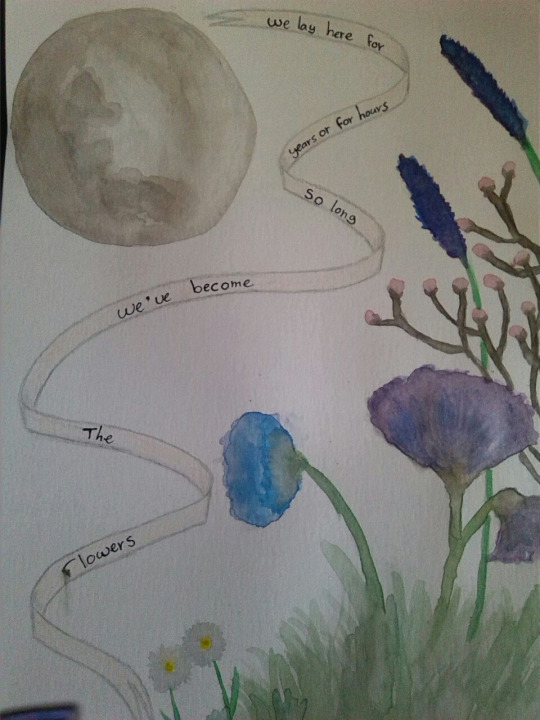A watercolor painting inspired by hoziers song “in a week” ~We lay here for years or for hours, so long we’ve become the flowers 