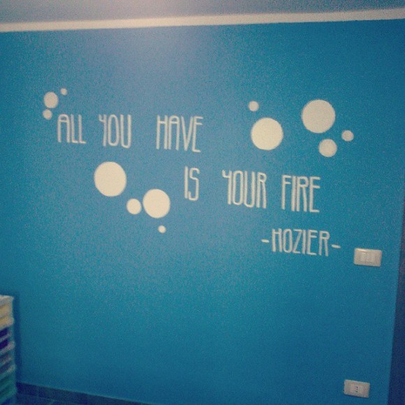 This is a first.  A bedroom all art she painted.  Gaia has a great sketch I've posted previously.  She was excited about her wall so I just had to post it!  